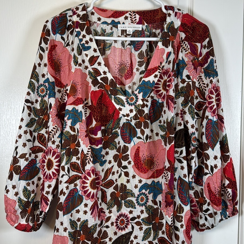 Jane + Delaney Floral White L/S V-Neck Blouse Size XL NWT #2961 - Picture 5 of 8